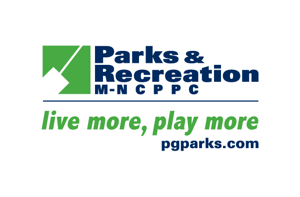 Prince George's County Department of Parks and Recreation M-NCPPC logo, a green square emblem beside the words Parks & Recreation in navy, with the tagline live more, play more and pgparks.com, from the official Prince George's County Parks website.
