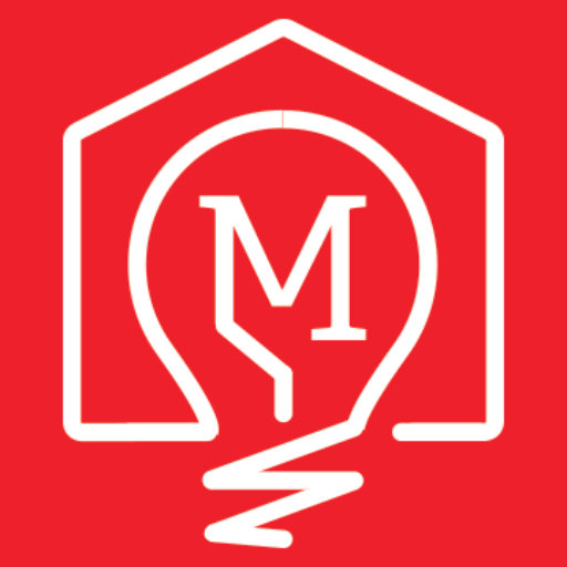 Duluth MakerSpace logo, a white house outline around a light bulb with a serif letter M on a red square, from the official Duluth MakerSpace website.