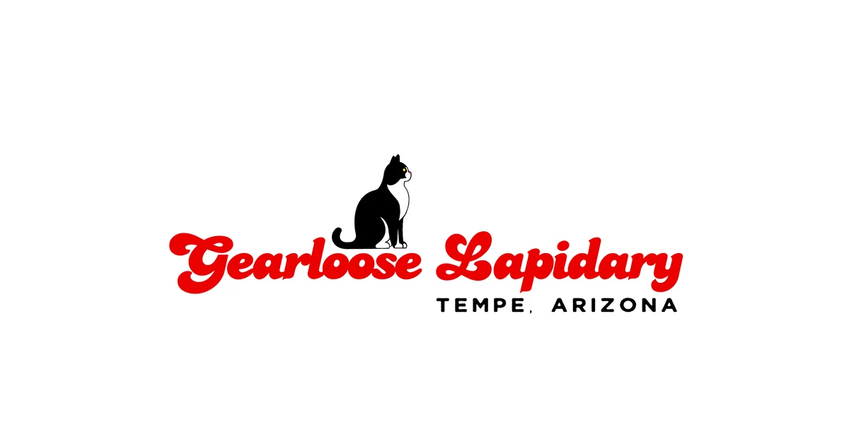 Gearloose Lapidary logo, a black-and-white cat sitting above the words Gearloose Lapidary in red script, with Tempe, Arizona in black capital letters beneath, on a white background, from the official Gearloose Lapidary website.