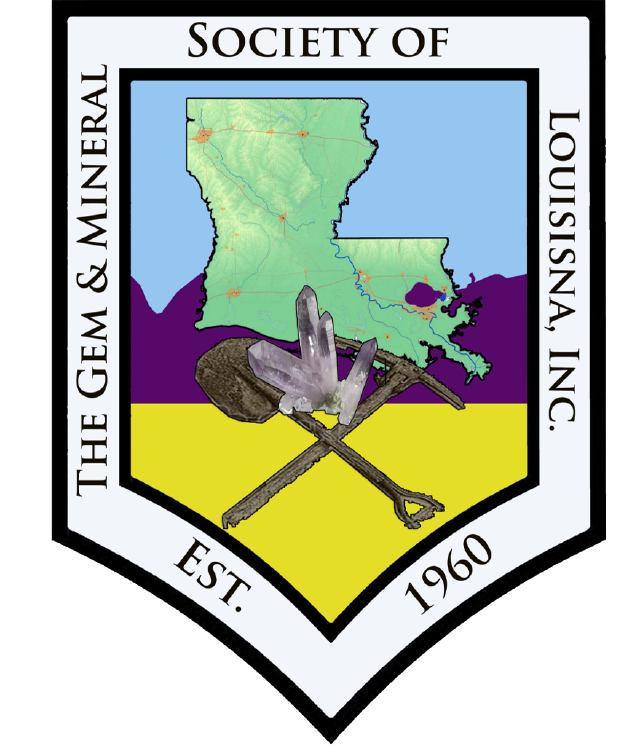 Gem & Mineral Society of Louisiana shield logo showing the state outline, a quartz crystal and crossed rock hammer and shovel, with Est. 1960, from the club's official website.