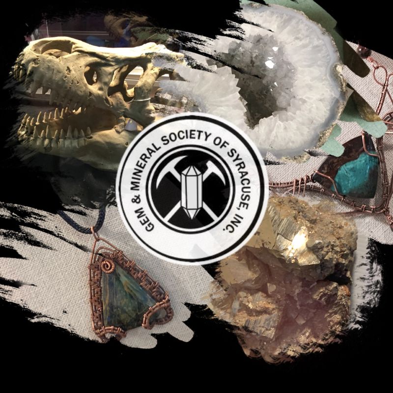 Gem & Mineral Society of Syracuse, Inc. round logo over a collage of a fossil skull, geode, pyrite and wire-wrapped cabochon pendants, from the official gmss.club site.