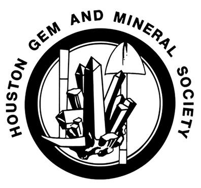 Houston Gem and Mineral Society circular badge with crystals, a pick, and a shovel, from the official HGMS site.