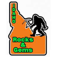 Idaho Rocks and Gems logo, an orange Idaho-shaped sign with a Bigfoot figure holding a pick and the words Rocks and Gems, from the official Idaho Rocks and Gems website.