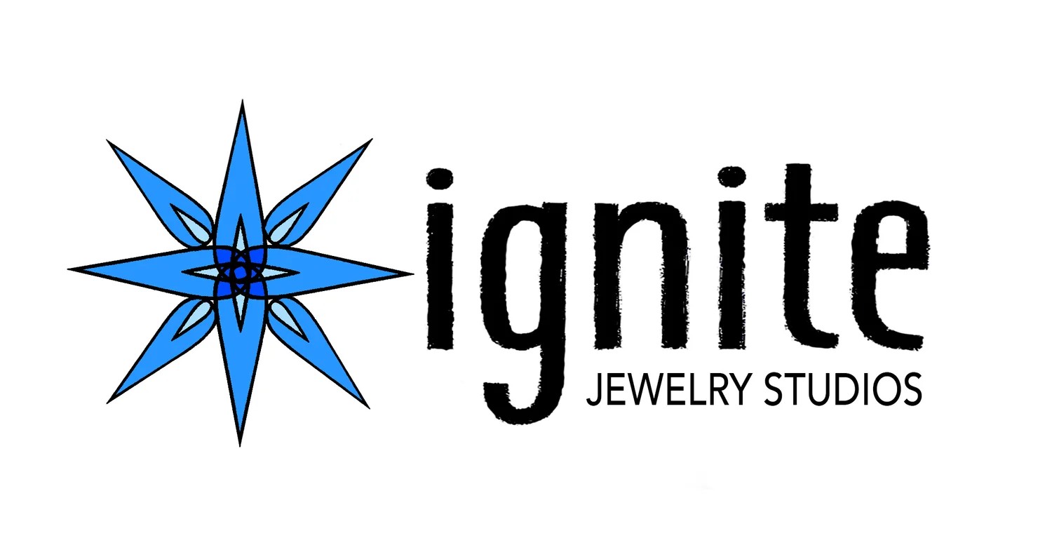 Ignite Jewelry Studios logo, a blue eight-pointed star beside the word ignite in black, from the studio's official website.