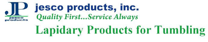 Jesco Products, Inc. logo with a blue JP monogram and the lines Quality First...Service Always and Lapidary Products for Tumbling, on a white panel, from the official Jesco Products online store.