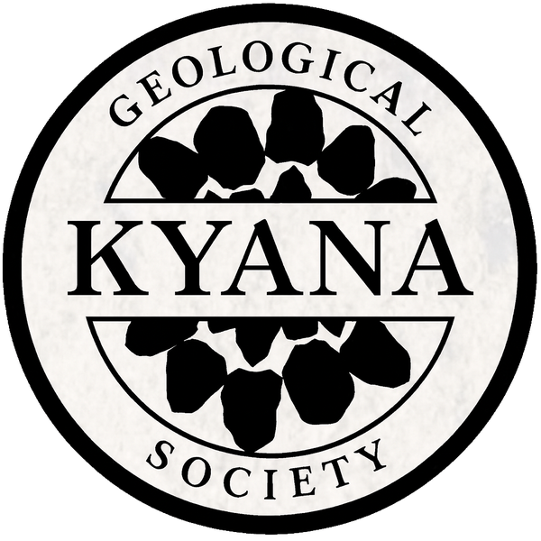 KYANA Geological Society logo, a round black-and-white seal with the word KYANA across the center between two clusters of black rock shapes, and the words Geological and Society around the edge, from the official KYANA Geological Society website.