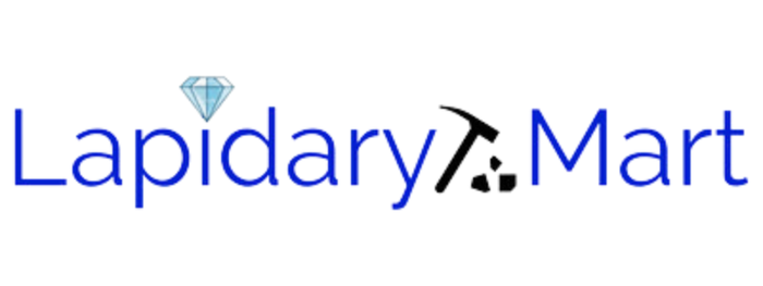 Lapidary Mart wordmark logo in blue with a diamond and rock-hammer icon, from the store's official website.