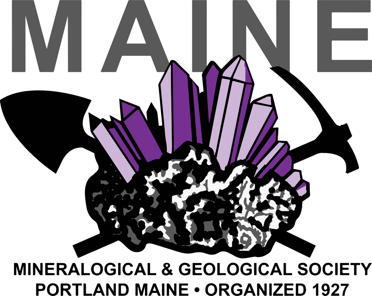 Maine Mineralogical & Geological Society shield-style club logo with crossed tools and a mineral motif, from the club's official Squarespace website.