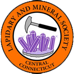Round orange Lapidary and Mineral Society Central Connecticut badge with a rock hammer over purple amethyst crystals, from the club's official website.