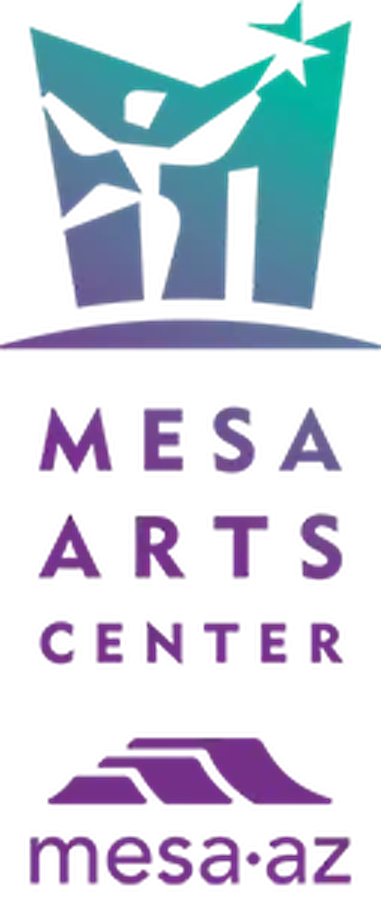 Mesa Arts Center vertical logo with teal-to-purple geometric mark, MESA ARTS CENTER wordmark, and mesa·az lockup, from the official site.