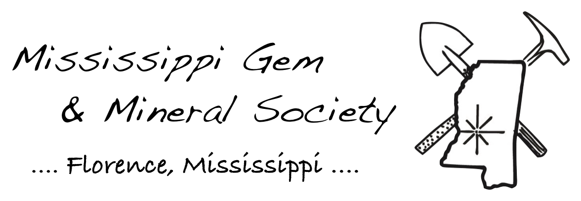 Mississippi Gem & Mineral Society logo with a shovel and rock hammer crossed behind an outline of Mississippi, lettered "Florence, Mississippi", from the official MGMS website.