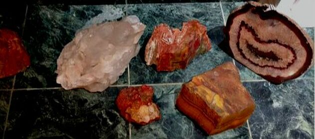 Rough and cut Nebraska-area agates, jasper and a rose-quartz crystal laid out on a green marble floor, the share image from the official Nebraska Mineral and Gem Club website.