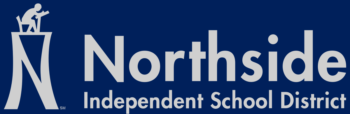 Northside Independent School District logo, a seated reader on a tall pedestal beside the words "Northside Independent School District", in light gray on a dark navy panel, from the official NISD website.