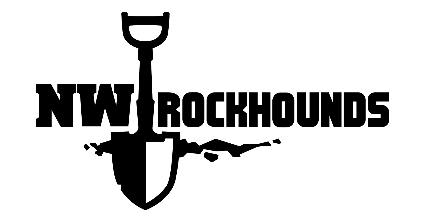 NW Rockhounds logo, black block lettering with a shovel stuck in broken ground between NW and ROCKHOUNDS, on white, from the official NW Rockhounds website.