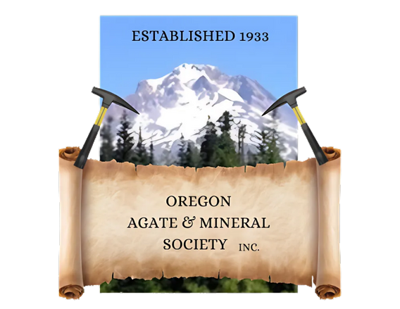 Oregon Agate and Mineral Society logo, a snow-capped mountain behind a scroll reading Oregon Agate & Mineral Society Inc. with crossed rock hammers and the words Established 1933, from the official OAMS website.