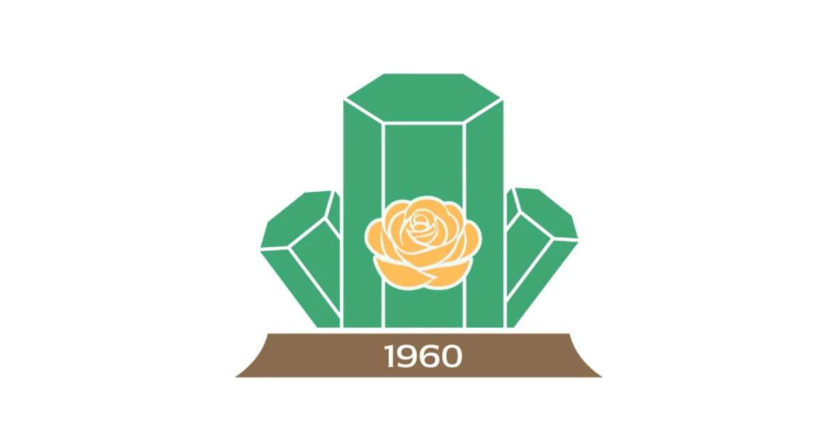 Roseville Rock Rollers logo, three green hexagonal crystals with a gold rose in front, standing on a brown base marked 1960, on a white background, from the official Roseville Rock Rollers website.