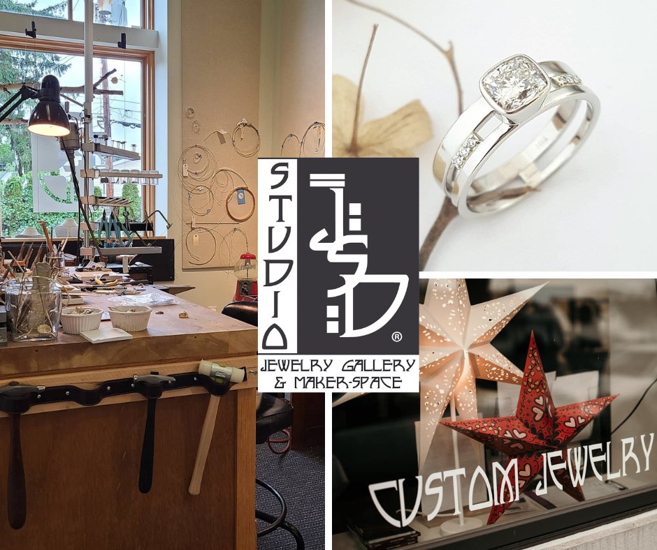 Studio JSD collage with the black Studio JSD Jewelry Gallery and Makerspace logo in the center, surrounded by photos of the studio workbench and hammers, a diamond ring and a Custom Jewelry window display with paper stars, from the official Studio JSD website.