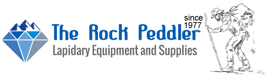 The Rock Peddler logo with a blue faceted diamond, the words The Rock Peddler, Lapidary Equipment and Supplies, since 1977 and a sketch of a peddler carrying a pack, from the official Rock Peddler website.
